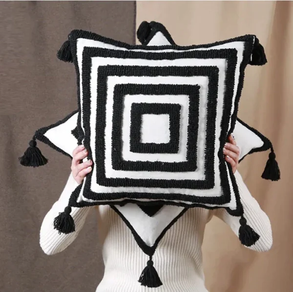 High Grade Tuft Cushion Cover Black Tassels Embroidery Cotton Cushion Cover Decorative Home